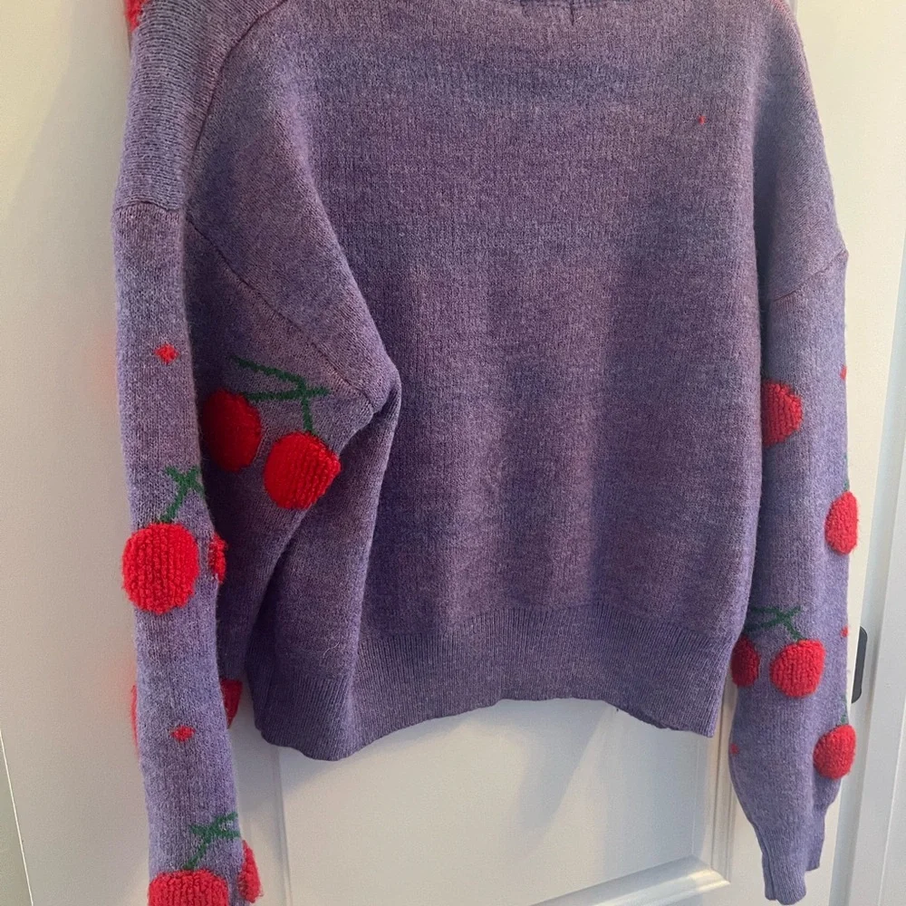 Debut Purple Red Crew Neck Sweater with Playful Cherry Accents - Picture 3 of 3